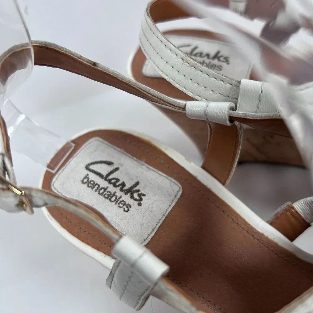 Clarks Bendables White Leather Sandals Wedge Cork‎ Heel Open Toe Womens 9